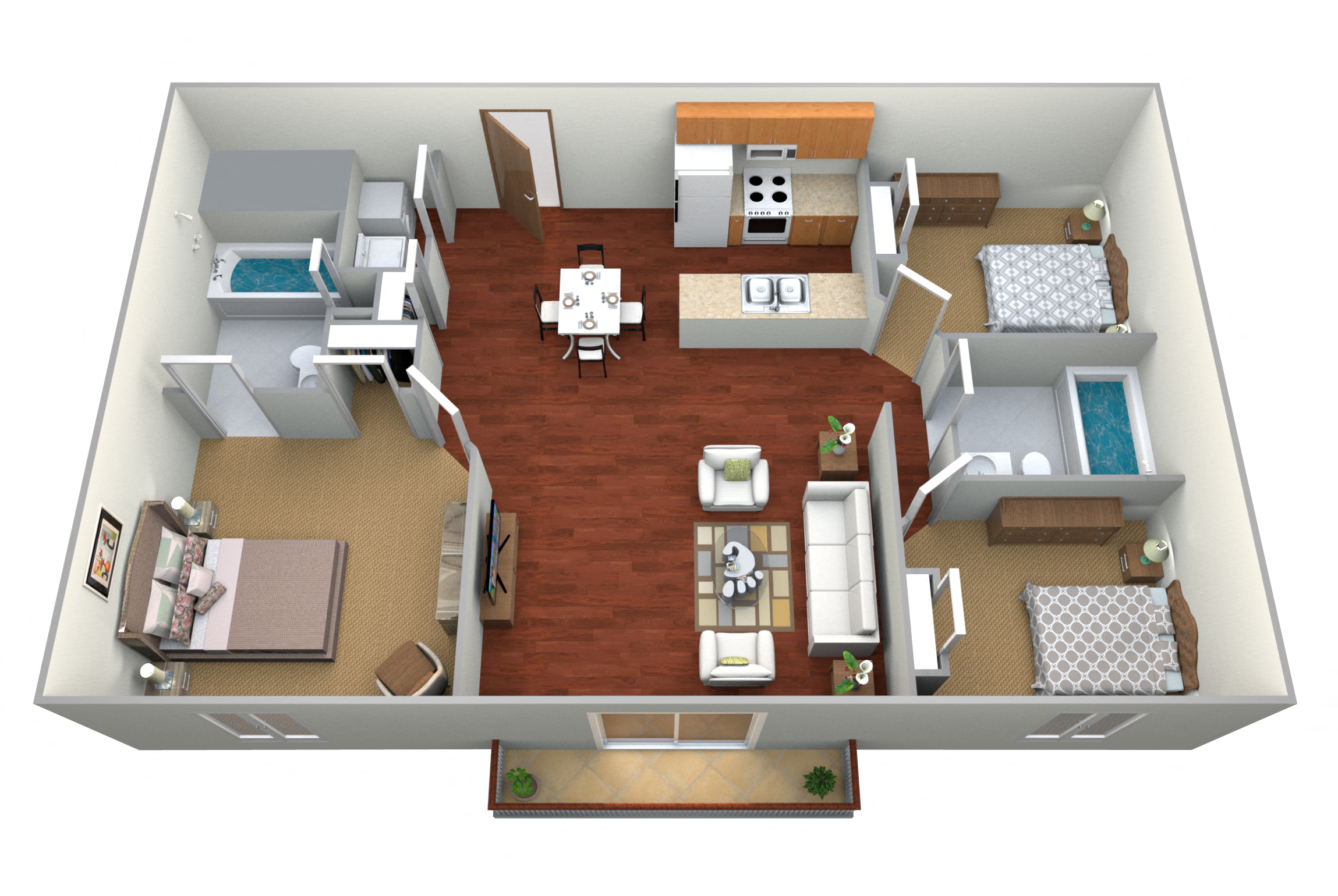 3 Bed 2 Bath Floor Plan at Courtyard Apartments on Belsly, Moorhead, MN